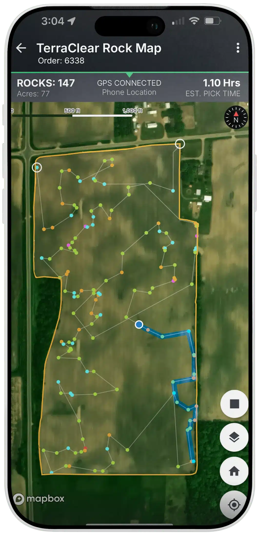 TerraClear Rock Map app showing color-coded pins and an optimized pick route across a 77-acre field