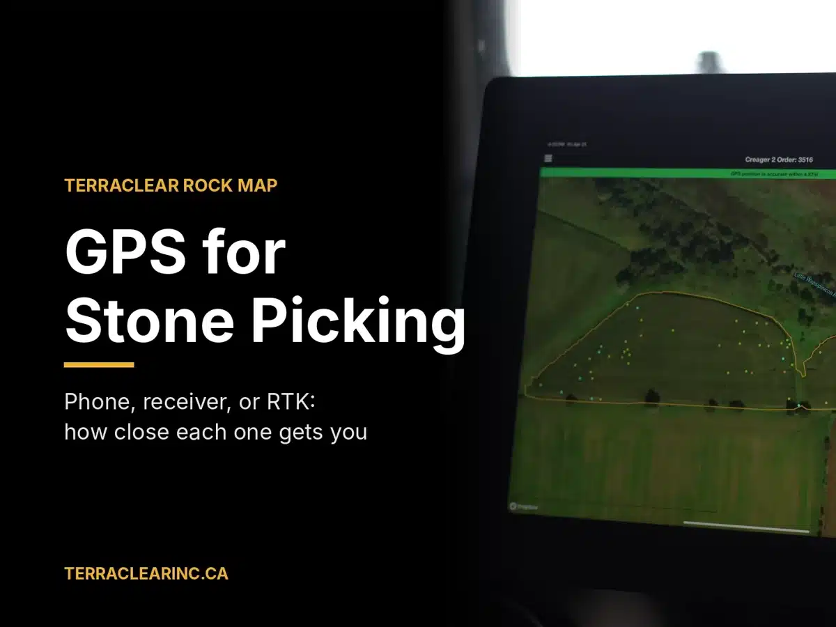 Tablet in a tractor cab showing a TerraClear Rock Map, used for GPS-guided stone picking